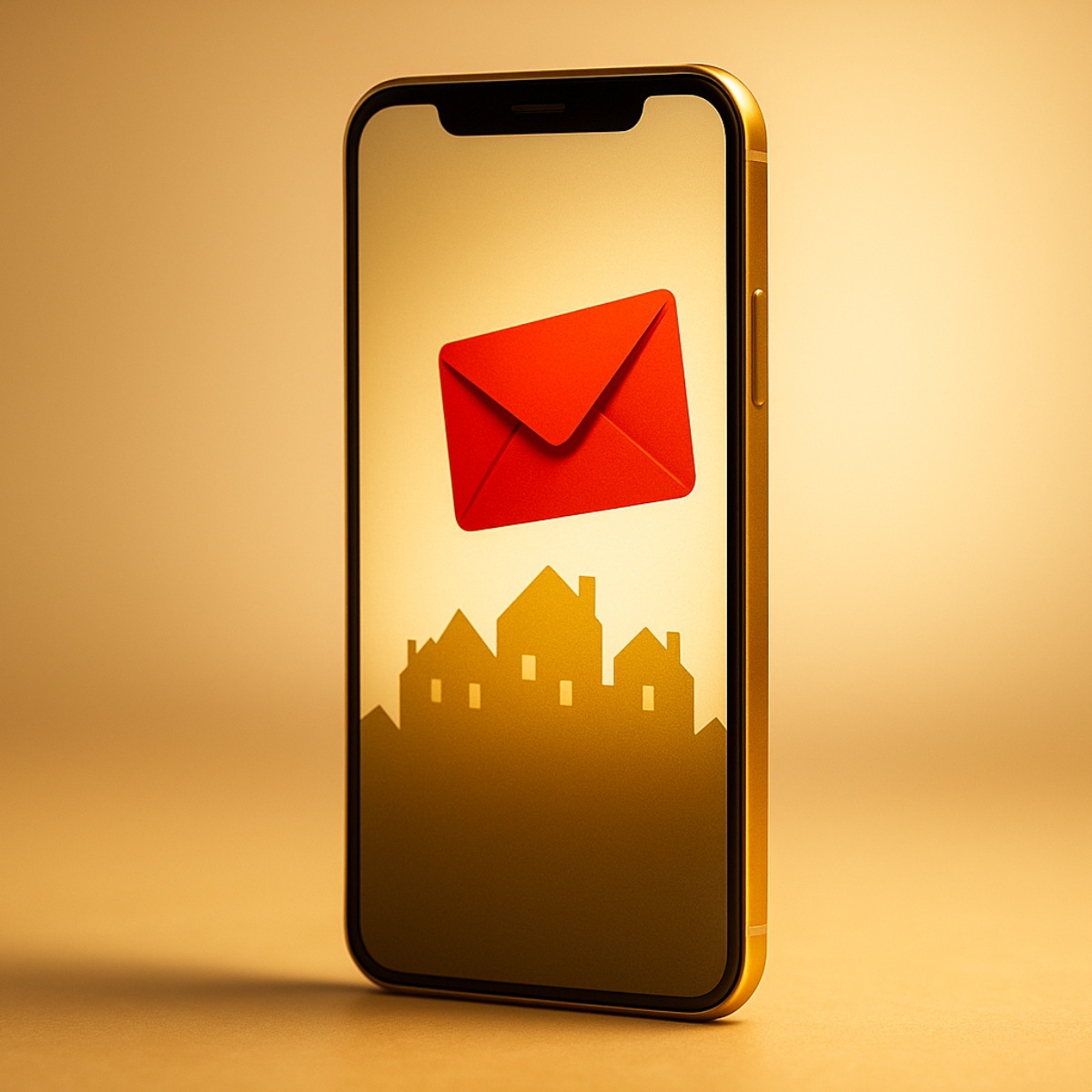 Phone showing newsletter with neighborhood houses - real estate email marketing