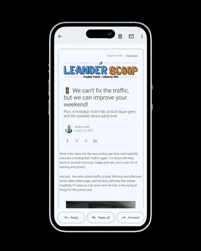 Leander Scoop newsletter displayed on mobile phone showing local content and community engagement